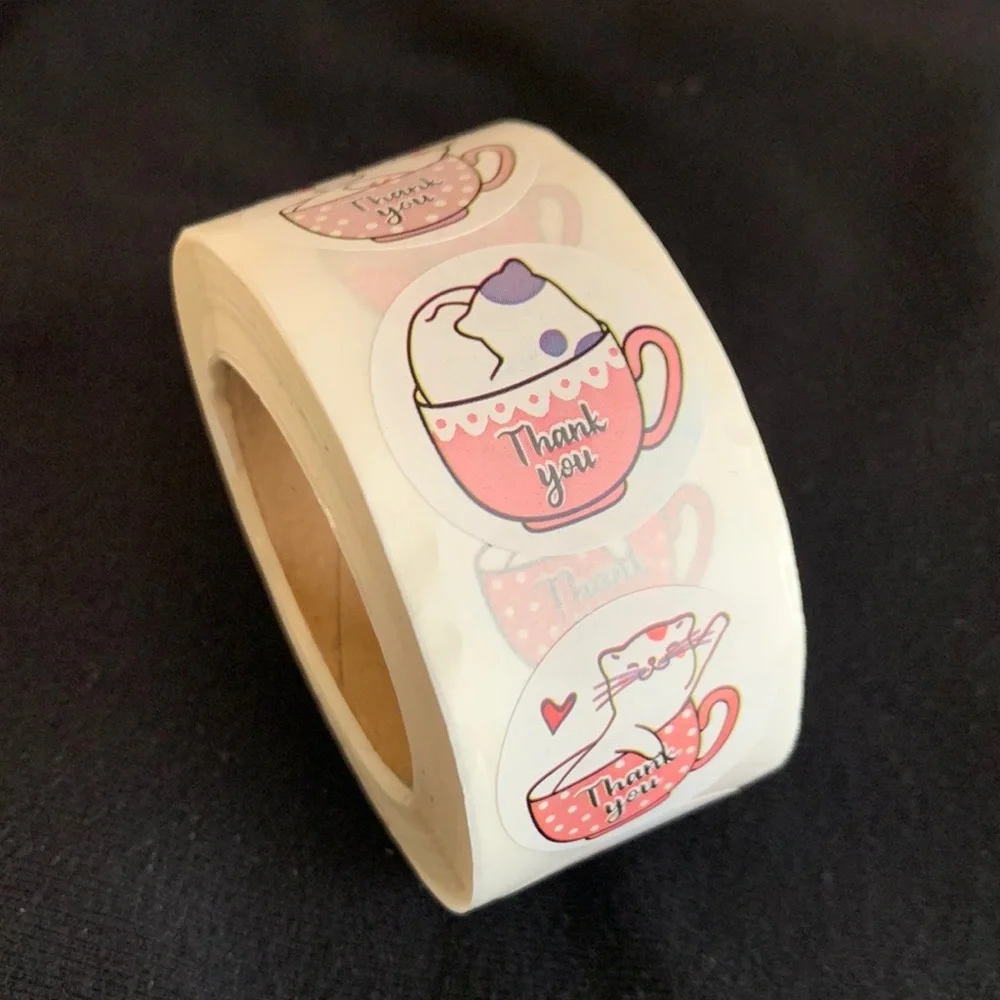 Roll of 500 cat thank you stickers NWT